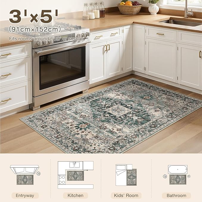 3x5 Washable Area Rugs for Living Room: Non Slip Vintage Green Rug, Large Soft Stain Resistant Indoor Floor Carpets for Bedroom Dining Room Nursery Home Office Kid & Pet Friendly
