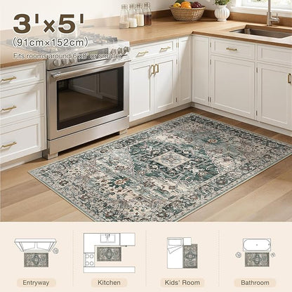 3x5 Washable Area Rugs for Living Room: Non Slip Vintage Green Rug, Large Soft Stain Resistant Indoor Floor Carpets for Bedroom Dining Room Nursery Home Office Kid & Pet Friendly