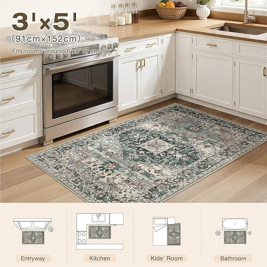 3x5 Washable Area Rugs for Living Room: Non Slip Vintage Green Rug, Large Soft Stain Resistant Indoor Floor Carpets for Bedroom Dining Room Nursery Home Office Kid & Pet Friendly