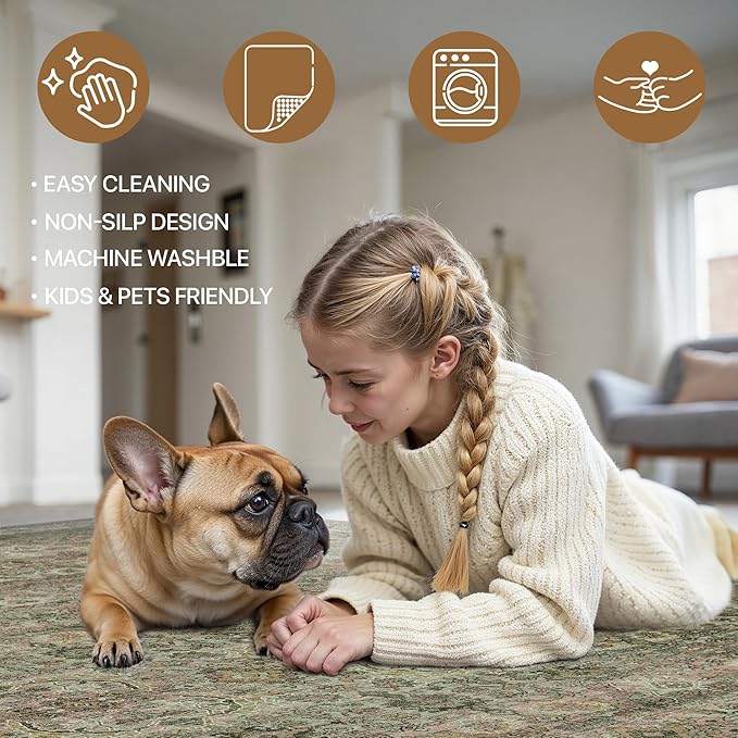 2x5 Runner Rug Machine Washable Boho Rug Runners for Hallway,Ultra-Thin Low Pile Rug,Lightweight Indoor Carpet,Non Slip Floral Runners for Enrtyway, Corridor, Home Office, Kitchen,Sage