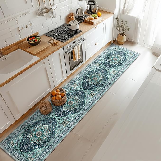 BESTSWEETIE 2x10 Area Rug Washable Rugs for Living Room, No Pile Boho Carpet for Entryway Bedroom Dinning Room, Vintage Carpet Print Distressed Non-Slip, 2 x 10 ft, Teal Dark Green