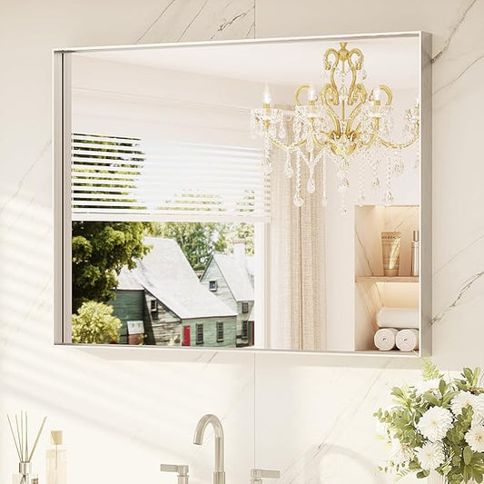 TETOTE Brushed Nickel Mirror 40" x 30" Bathroom Vanity Mirror for Over Sink Brushed Nickel, Tempered Glass, Modern Farmhouse Rectangle Frame Wall Mirrors for Bathroom, Bedroom, Entryway, Living Room