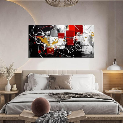 ANCXWOTER Abstract Wall Art for Living Room Black Canvas Wall Art Modern Grey Red Line Artwork for Bedroom Office Home Decor Canvas Prints 24x48 Inch