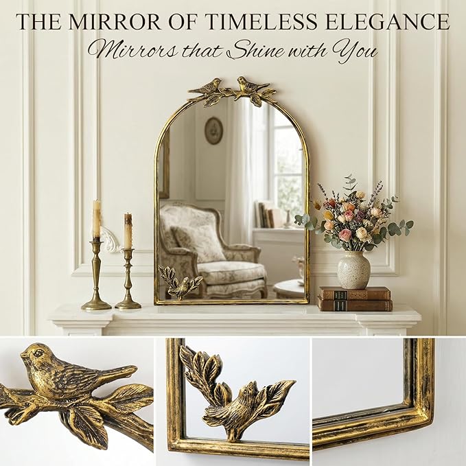 Antique Baroque Vintage Vanity Mirror 22x15Inch, Gold with Ornate Antique Frame, Arched Vintage Wall Mirror for Living Room, Fireplace, Entryway