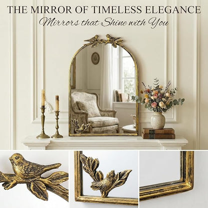 Antique Baroque Vintage Vanity Mirror 22x15Inch, Gold with Ornate Antique Frame, Arched Vintage Wall Mirror for Living Room, Fireplace, Entryway