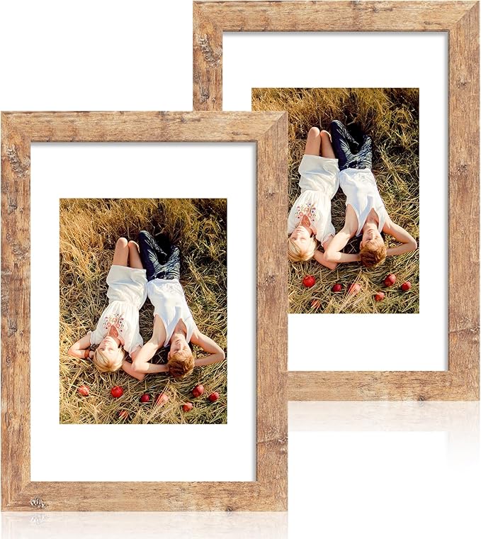 iRahmen 8x12 Picture Frame Set of 2, Rustic Brown Wood Frame with High Definition Glass, Display Pictures 6x8 with Mat or 8 x 12 without Mat for Horizontal or Vertical Tabletop and Wall Mounting