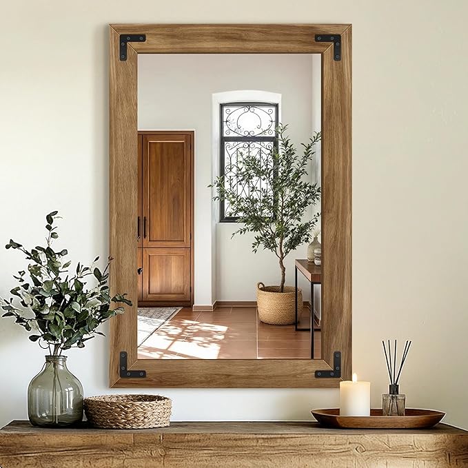 AMOISE Farmhouse Bathroom Vanity Mirror, 36" x 24" Wood Frame Wall Mirror, Vintage Rustic Decor for Entryway, Bedroom, Living Room, Vertical or Horizontal Hanging