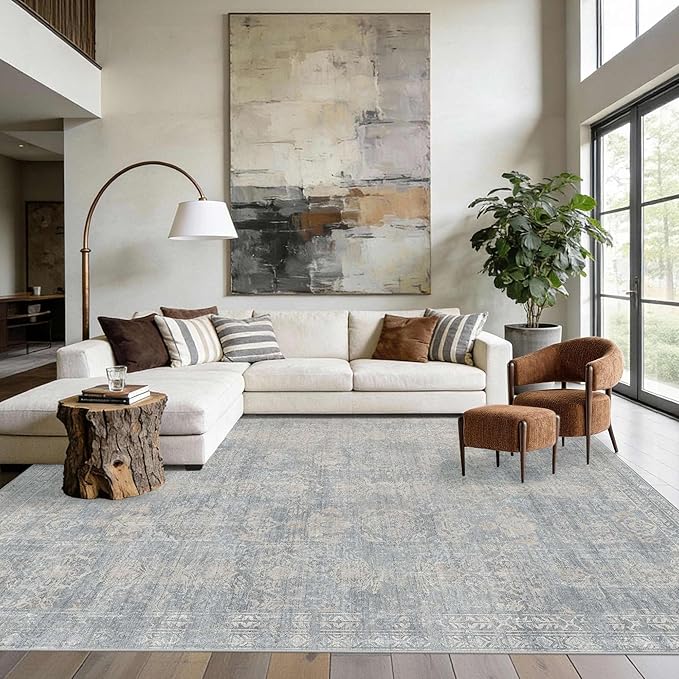 Rugxara 8x10 Area Rugs for Living Room, Large Washable Rug, Blue Vintage Retro Boho Style, Non Slip & Low Pile Faux Wool Carpet for Indoor Dining Room, Bedroom, Dorm and Kids Room(Blue/Beige 8x10ft)