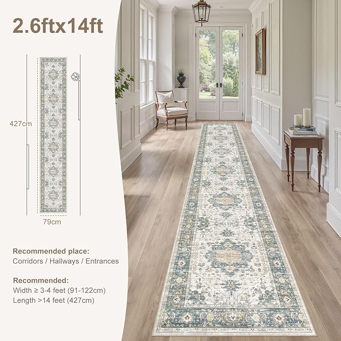 EIEIHOUSE Washable 2.6x14 Runner Rug - Area Rugs Neutral Vintage Distressed Floral Farmhouse Boho Large Soft Floor Rug Indoor Carpet for Hallway Entryway Home - Green/Grey