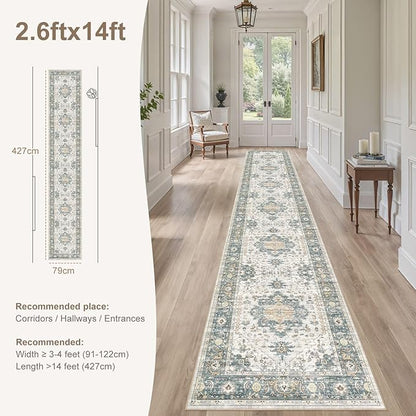 EIEIHOUSE Washable 2.6x14 Runner Rug - Area Rugs Neutral Vintage Distressed Floral Farmhouse Boho Large Soft Floor Rug Indoor Carpet for Hallway Entryway Home - Green/Grey