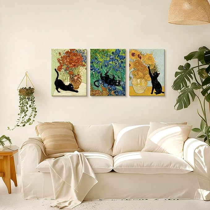 WENGTIAO 3Pcs Black Cat Wall Art Prints Vintage Van Gogh Sunflower Cat Canvas Paintings Irises Floral Pictures Flower Aesthetic Artwork for Living Room Bedroom 12”x16”x3