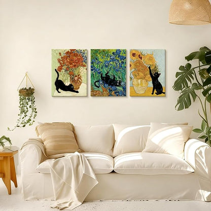 WENGTIAO 3Pcs Black Cat Wall Art Prints Vintage Van Gogh Sunflower Cat Canvas Paintings Irises Floral Pictures Flower Aesthetic Artwork for Living Room Bedroom 12”x16”x3