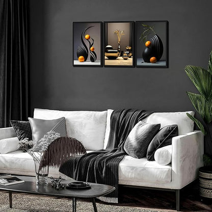 raiqtols Modern Abstract Framed Wall Art for Living Room Set of 3 – Bright Style Orange Still Life Canvas Prints, Smooth Surface Vase Wall Decor with Black Wood Frame for Bedroom Bathroom Office – 16x24in