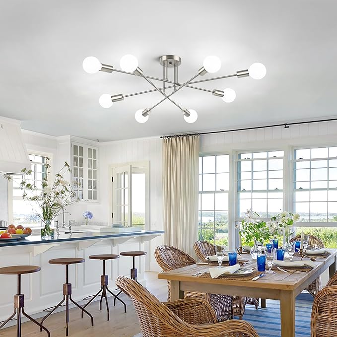 Modern Sputnik Chandelier 8-Light Industrial Ceiling Lights Fixture 32" Brushed Nickel Semi Flush Mount Ceiling Light with E26 Base Sputnik Lights Fixture for Dining Room Bedroom Hallway Living Room