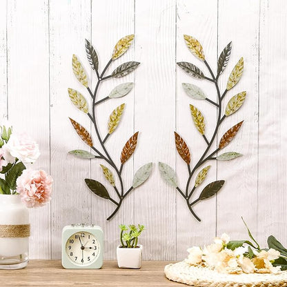 Zhengmy 2 Pieces Metal Tree Leaf Wall Decor Vine Olive Branch Leaf Wall Art Living Room, Hallway Wall Decor Outdoor Decoration(Multi Color)