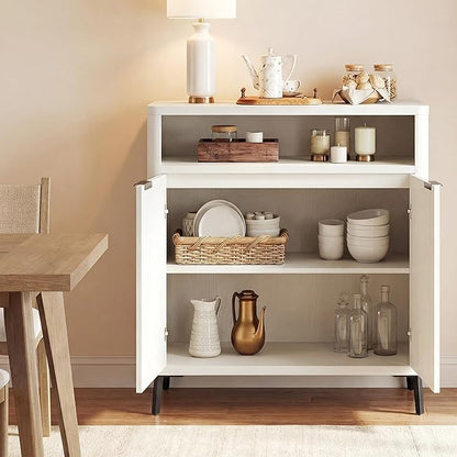 Fatmok Fluted Buffet Cabinet with Storage Set of 2, 31.4" Wide Wood Sideboard Credenza with 2 Doors & Open Storage Shelf, Modern Coffee Bar Table for Living Room Kitchen Dining Room,White