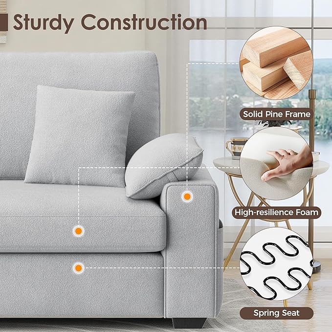 88.58" Modern Loveseat Couches for Living Room, Comfy Sofa with Deep Seat Couch, USB/Type-C Port, Side Storage, Removable Cover, Couches for Living Room Apartment, Light Grey