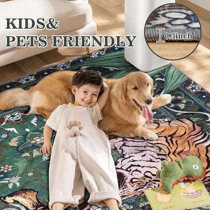 Tiger Washable Rugs 3x5ft, Green Entryway Jungle Rugs Non Slip, Soft Botanical Area Carpets for Bedroom, Low Pile Accent Floor Carpet for Kitchen Laundry Living Room Dorm Nursery Office