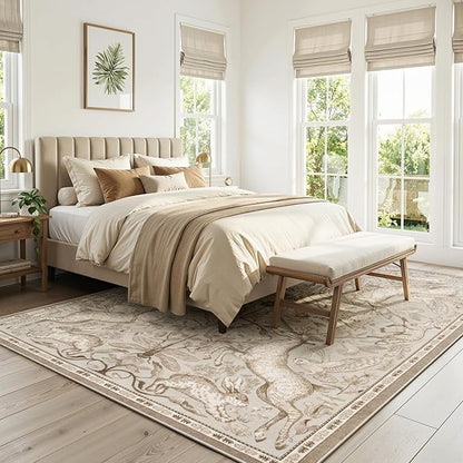 Lahome 8x10 Area Rug for Living Room, Dorval Washable Boho Deer Rug, Earthy Botanical Non Slip Low Pile Large Carpet for Bedroom Dining Room Office Nursery Farmhouse Home Decor Beige