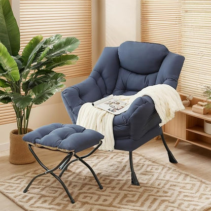 Lazy Chair with Ottoman, Large Navy Accent Chair with Ottoman, Comfy Reading Armchair, Leisure Sofa Chair for Living Room, Bedroom, Dorm Room, Office