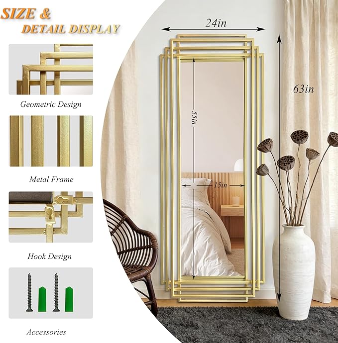 Geometric Wall Mirror, 63"x24" Large Rectangle Mirror with Gold Metal Frame, Modern Elegant Art Deco Mirror for Living Room Bedroom Entryway Hallway, Hangs Vertically or Horizontally