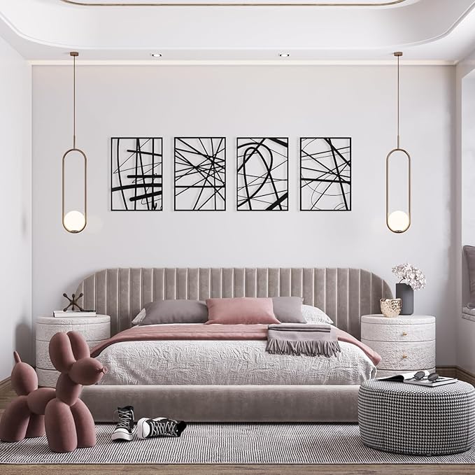 Art3dwallpanels Black Abstract Wall Art, Metal Single Line Art Wall Decor, 3D Textured Sculptures, Modern Decor for Living Room Bedroom Bathroom Study, 17'' x 12'', 4 Pack
