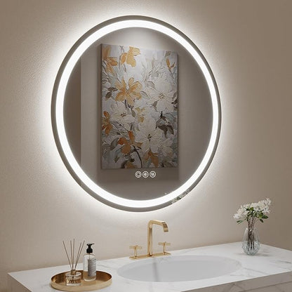 LOVESPEJO 32" Round LED Bathroom Mirror with Lights, Circle LED Mirror for Bathroom, Fogless, Dimmable, 3 Color Changing, Shatterproof