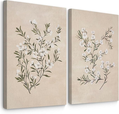 Vintage Botanical Wall Art Neutral Floral Prints Farmhouse Flower Canvas Wall Decor Watercolor Wildflower Pictures Nature Minimalist Artwork for Living Room Bedroom 12x16 Inch Wrapped Canvas Set of 2