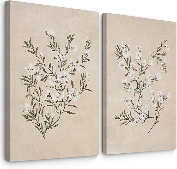 Vintage Botanical Wall Art Neutral Floral Prints Farmhouse Flower Canvas Wall Decor Watercolor Wildflower Pictures Nature Minimalist Artwork for Living Room Bedroom 16x24 Inch Wrapped Canvas Set of 2