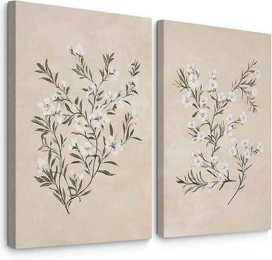 Vintage Botanical Wall Art Neutral Floral Prints Farmhouse Flower Canvas Wall Decor Watercolor Wildflower Pictures Nature Minimalist Artwork for Living Room Bedroom 16x24 Inch Wrapped Canvas Set of 2