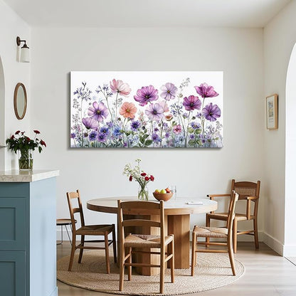 SERIMINO Oversized Wall Art, Flower Wall Art, Large Wall Decor, White Purple Wildflowers Picture, Nature Botanical Prints, Big Paintings for Living Room Dining Room Hallway Modern Farmhouse 29"x57"