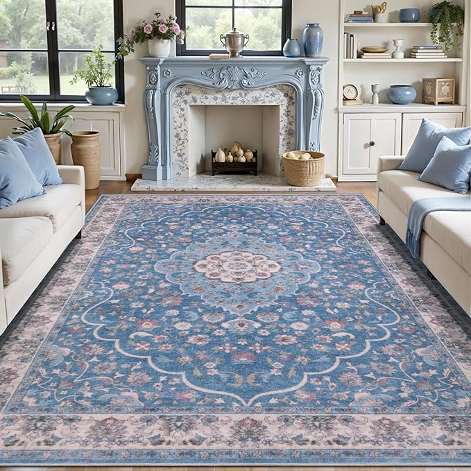 Tangsoo 6x9 Area Rug for Living Room,Washable Vintage Boho Rug Non-Slip Low Pile Large Rugs Soft Blue Beige Floral Indoor Floor Carpets for Bedroom Dining Room Dorm Office Home Office Decor