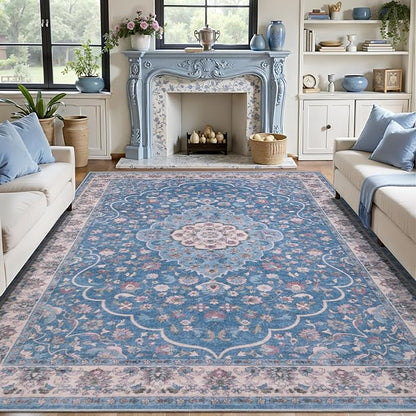 Tangsoo 6x9 Area Rug for Living Room,Washable Vintage Boho Rug Non-Slip Low Pile Large Rugs Soft Blue Beige Floral Indoor Floor Carpets for Bedroom Dining Room Dorm Office Home Office Decor