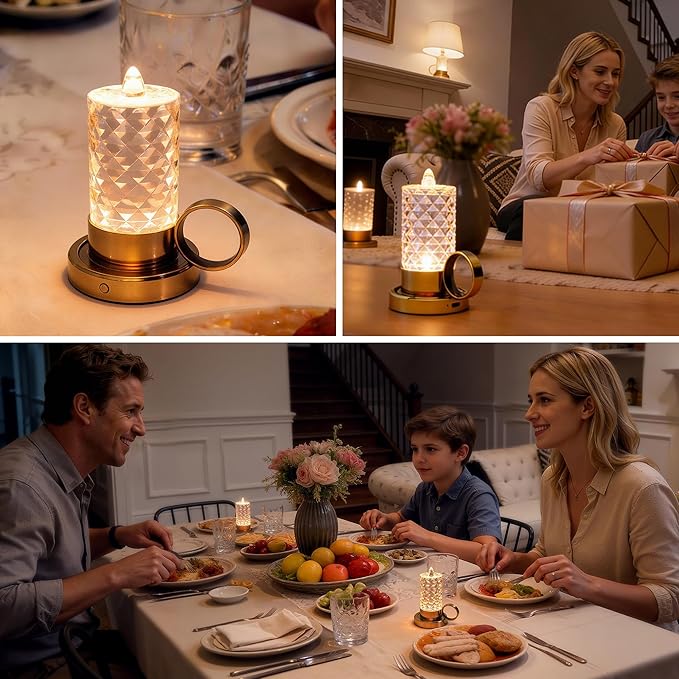 L LOHAS LED Flameless Candles, 3 Level Brightness Adjustable, Rechargeable Battery Candles, 3000K Soft White, Crystal Gold Metal Candles for Easter Valentines Aniversary Wedding, 3.93"x2.95"4.84"
