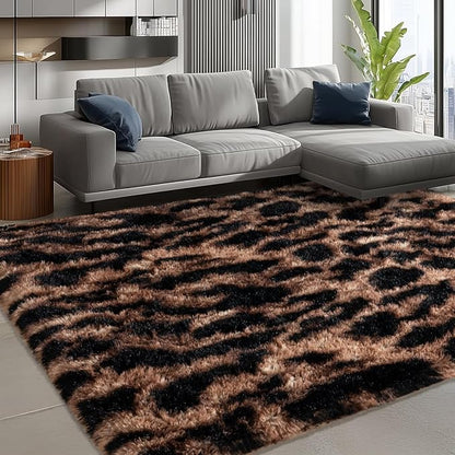Shag Rugs for Living Room 5x7, Ultra Soft Tie-Dyed Brown Leopard Big Fuzzy Rugs for Bedroom, 5 x 7 Fluffy Shaggy Plush Cheetah Carpet Kids Room Dorm Upgrade Non-Slip