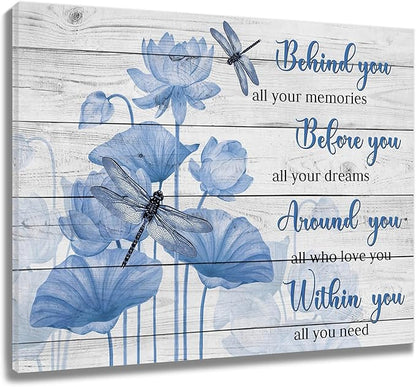 LB Inspirational Dragonfly Wall Art Vintage Farmhouse Blue Floral Canvas Wall Art Rustic Wood Pictures Wall Decor for Bedroom Bathroom Living Room Framed Artwork Ready to Hang 12L x 16W