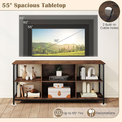 Giantex Industrial TV Stand for TVs up to 65 Inch, 3-Tier Entertainment Center with Power Outlets, Metal Mesh Sides & 2 Cable Holes, 6-Cube TV Console Table for Living Room, Bedroom, Rustic Brown