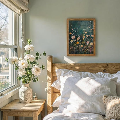 JLTULT Framed Vintage Pink Tone Floral Canvas Wall Art, Farmhouse Flower Landscape Pictures Wall Decor, Botanical Wildflower Field Art Print for Bedroom Living Room Bathroom Home Decoration 12x16 in