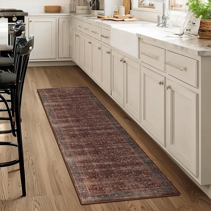Brick Red 2x6 Rug Runners for Hallways Non Slip, Washable Non Slip Thin Carpet Runners for Kitchen Floor, Vintage Distressed Earth Tone Runner Rug for Entryway/Foyer/Bedroom/Laundry Room