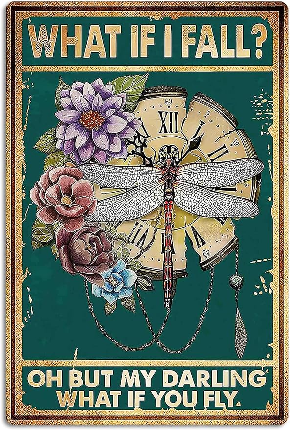 Fmcmly Vintage Tin Signs What If I Fall Dragonfly Decoration Hippie Boho Art Poster Fall Sign Home Kitchen Office Bedroom Cafes Wall Decor 8x12 Inch