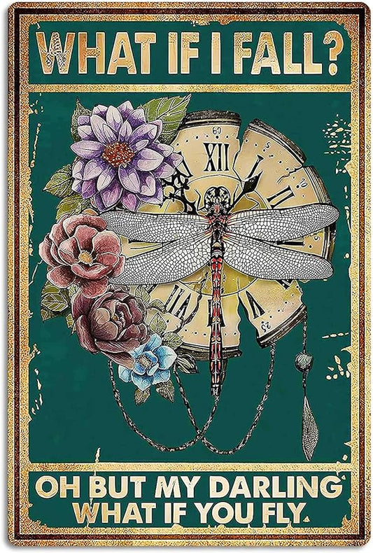Fmcmly Vintage Tin Signs What If I Fall Dragonfly Decoration Hippie Boho Art Poster Fall Sign Home Kitchen Office Bedroom Cafes Wall Decor 8x12 Inch