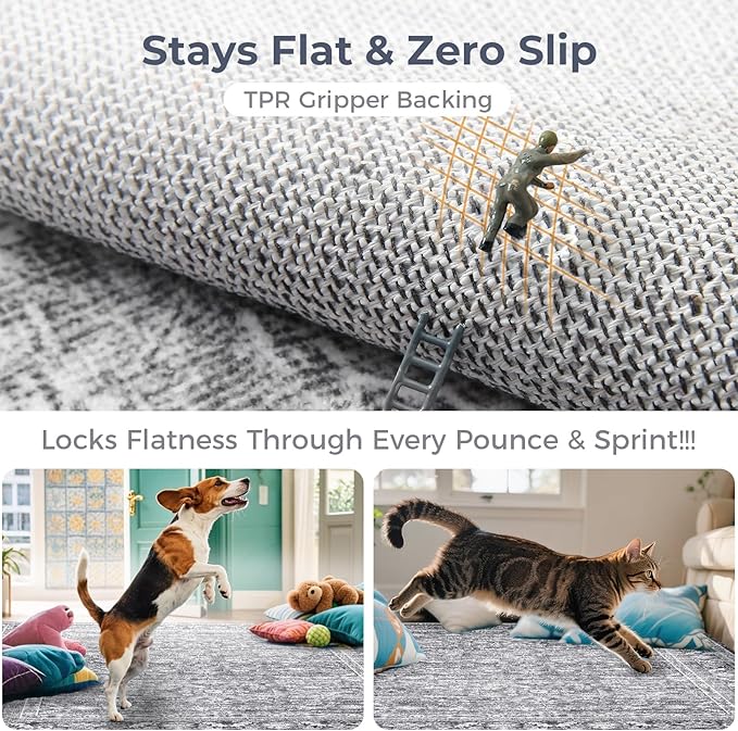 OPPODREAM Vintage Grey Area Rugs 5x7, 5 x 7 Retro Washable Rug Non Slip, Low-Pile Faux Wool Carpet, Distressed Gray Floor Mat for Living Room, Bedroom, Kitchen, Office, Dorm, Dinning Room