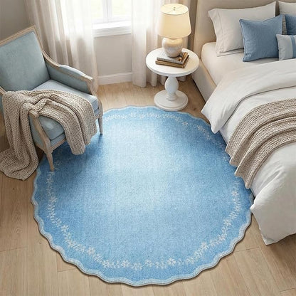 GarveeHome Round Area Rugs 6ft for Bedroom, Solid Blue Washable Circle Rug Soft Non Slip Floral Print Floor Mat Leaves Carpet Indoor Thin Rug for Living Room Dining Room Playroom Nursery