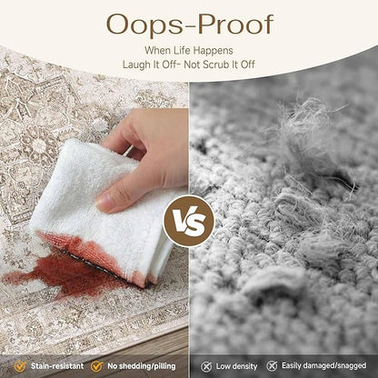 PureCozy Taupe 5x7 Area Rug Washable Vintage Living Room Carpet Non Slip Retro Distressed Low Pile Soft Oriental Medallion Thin Throw Rug for Kitchen Bathroom Office Bedroom Dining Room