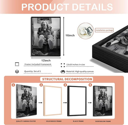 Funny Wall Art Set of 2 - Black Floating Frame Black and White Vintage Humor Bathroom Wall Decor, Dumb And Dumber Movie Posters Art, Bathroom Decor Canvas Wall Art 12x16 in
