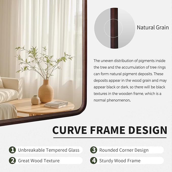 Bathroom Mirror for Wall,Wood Rectangle 30 x 48 inch Hanging Vatiny Tempered Mirrors with Rounded Corner for Living Room,Bedroom,Entryway