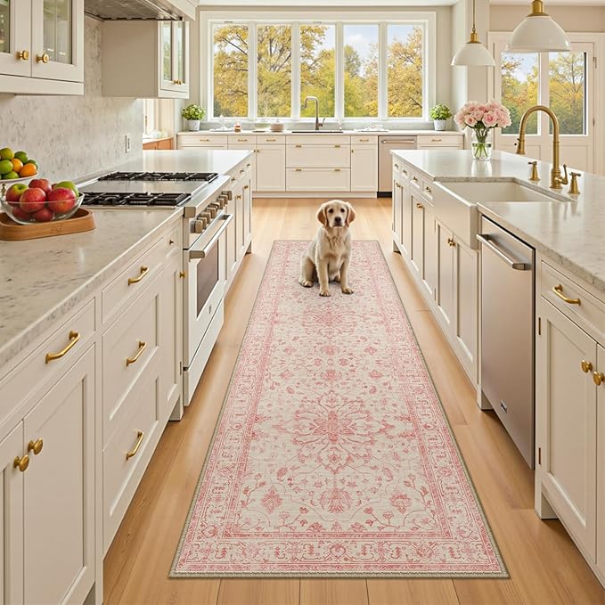 RELEANY Area Rugs 2'x8' Runner Rug Non Slip Washable for Kitchen Hallway Bedroom Beside Laundry Room Bathroom Rug, Floor Carpet, Pink Light Vintage Pink