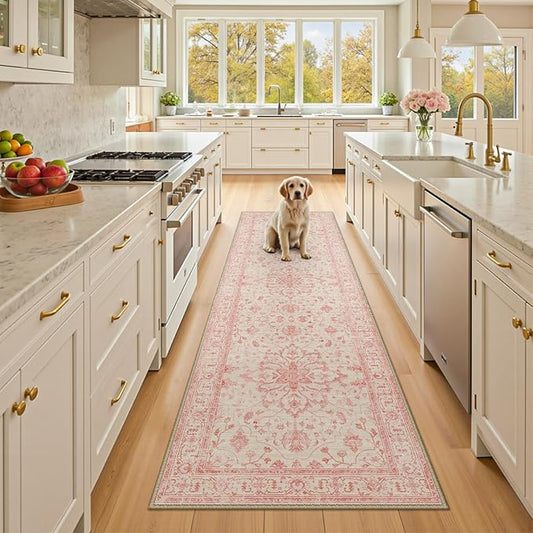 RELEANY Area Rugs 2'x8' Runner Rug Non Slip Washable for Kitchen Hallway Bedroom Beside Laundry Room Bathroom Rug, Floor Carpet, Pink Light Vintage Pink