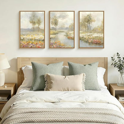 HPNIUB Watercolor Green Landscape Framed Wall Art Set,Nature Wildflowers Wall Decor,Vintage Colorful Floral Art Print,Calming Wilderness Tree Scenery Artwork for Living Room, Bedroom,Office-24 x36 x3