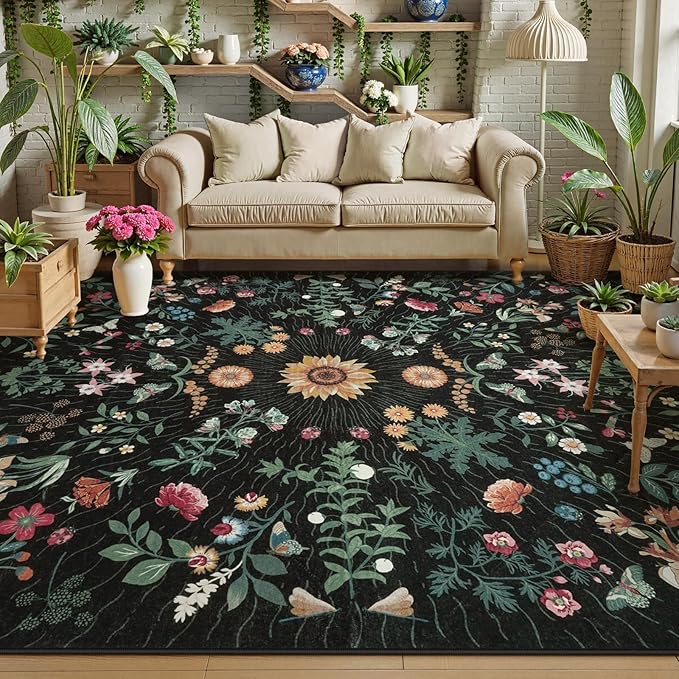 LIVEBOX Sunflower Botanical Washable 8x10 Area Rugs, Black Rug for Living Room, Non Slip Rugs for Bedroom, Boho Floral Indoor Throw Dining Room Carpet for Under Table Home Office Nursery Playroom